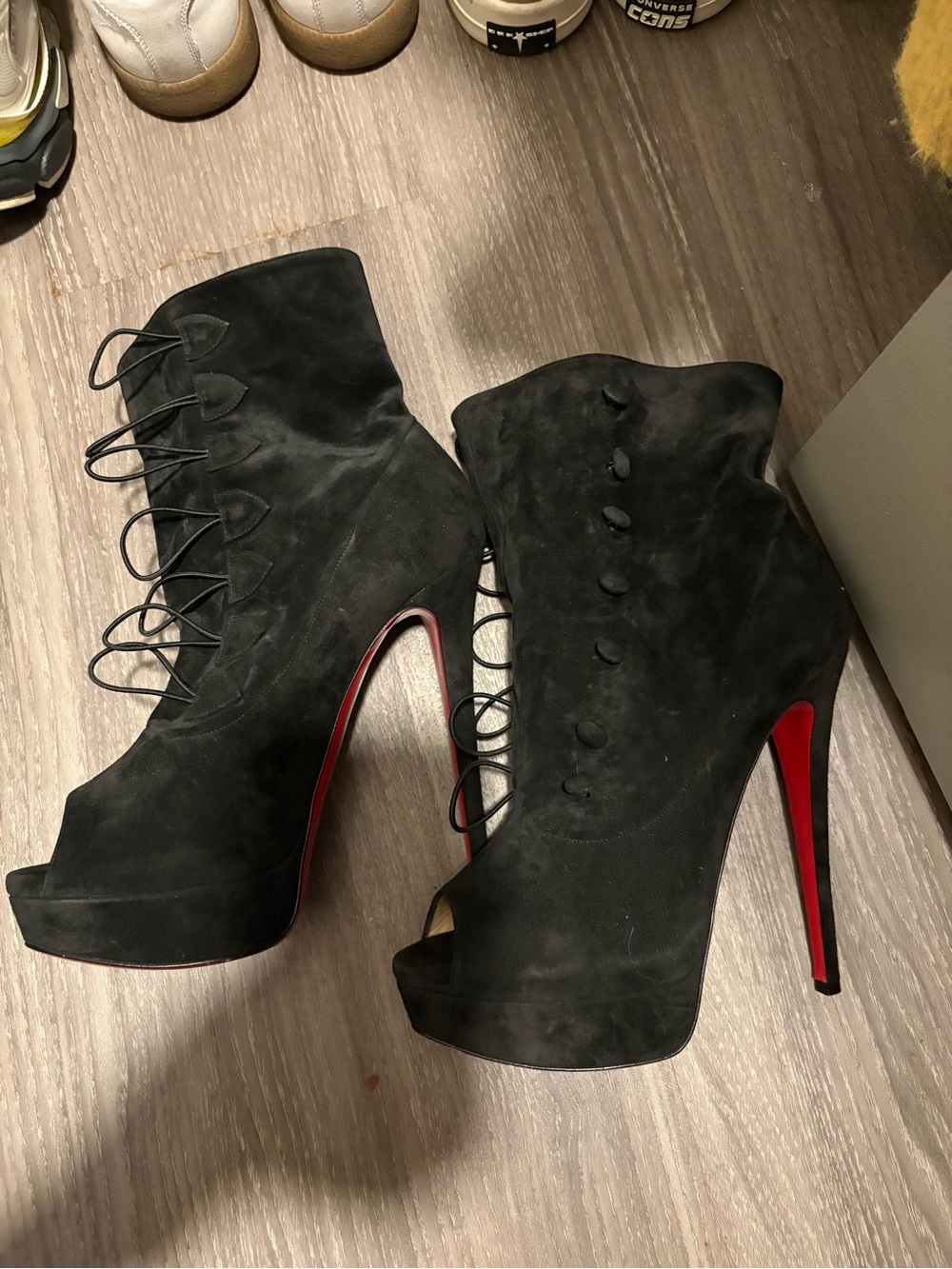Christian Louboutin Black Suede Lace-Up Peep-Toe High Heel Booties